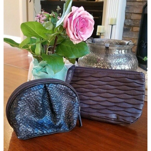(2) Laura Mercier Cosmetic Bag ~ Brown Faux Leather & Blue Snake Travel Makeup - Picture 1 of 10